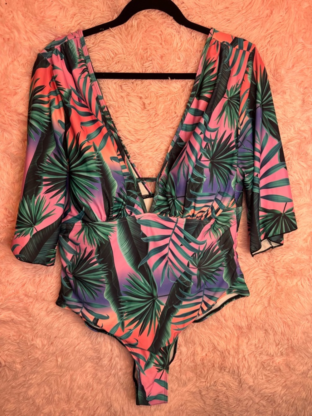 SHEIN Pink & Green Tropical Palm One-Piece Swimsuit NWOT - Picture 2 of 5